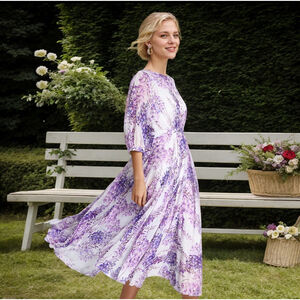 Silk Maxi Dress Round Neck Purple Floral Honeymoon MSRP $439 L-XL